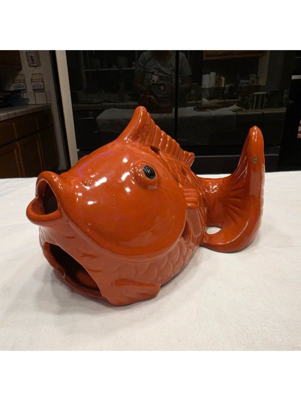 Vintage Orange Ceramic Koi Fish Candle Holder Lantern Figurine Japan MCM Decor